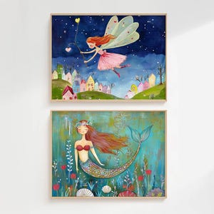Meerjungfrau Wand Kunst, Mädchen Schlafzimmer Prints Meerjungfrau Druck Boho Kinderzimmer Dekor Meerjungfrau Kunst für Mädchen Raum Fee Malerei für Kinderzimmer Magische Feenkunst