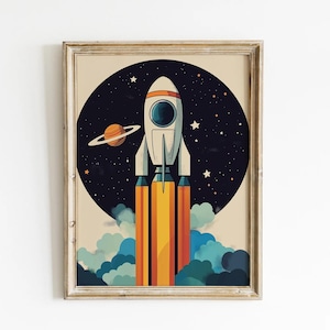 Arte de cohetes para niños, arte de pared para dormitorio infantil con temática espacial, arte para habitación infantil con temática de aventuras, póster planetario para niños, impresiones para habitación infantil, arte para niños