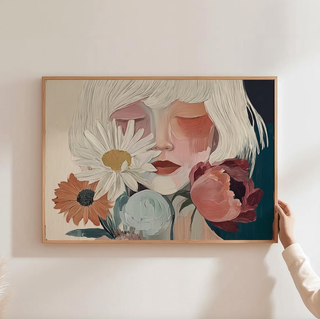 Abstract Woman Face Wall Art, Feminine Portrait Print, Boho Floral Wall ...