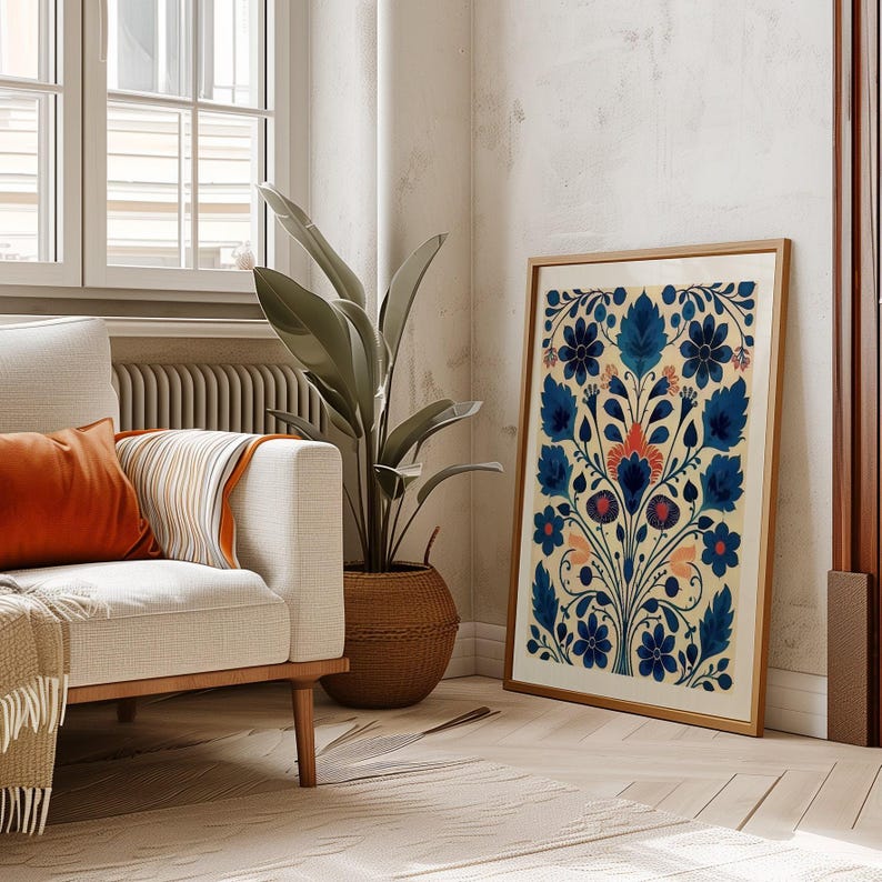 Arte escandinavo, arte popular noruego, estampado floral de pájaros, galería de arte nórdico, arte para sala de estar, decoración moderna para el hogar, conjunto de arte para cafetería, arte escandinavo imagen 8
