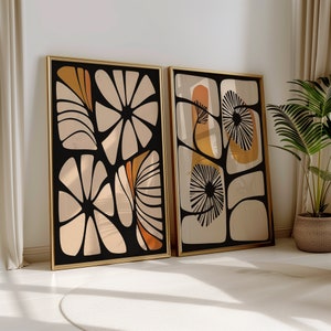 Abstrakte botanische Drucke, 2er-Set, Kunst im Matisse-Stil, abstrakter Druck, beige und schwarz, modernes botanisches Poster, moderne Blumenkunst