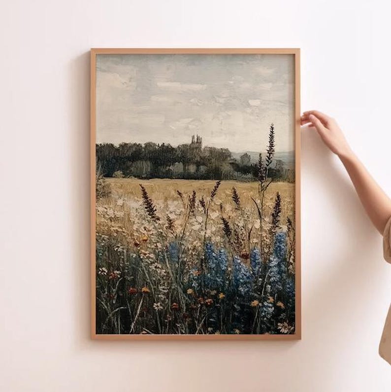 Blue Flower Art Wildflower Field Prints Set of 2, Rustic Landscape Oil ...
