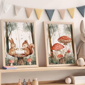 Waldkindergarten-Kunst-Tier-Tee-Party-Waldpilz-Druck Waldkindergarten-Waldhäschen-Drucke für Kinderschlafzimmerwald-Dekor