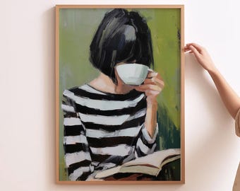 Coffee Wall Art Abstract People Print Bookish Painting Coffee Lover Art For Cafe Contemporary Coffee Print Latte Art Cafe Decor Book Worm