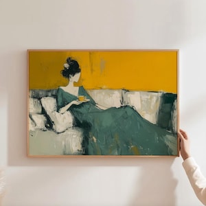 People Wall Art Abstract People Print Contemporary Minimalist Painting Tea Lover Wall Art Mustard Yellow Print Woman Print Drinking Tea Art