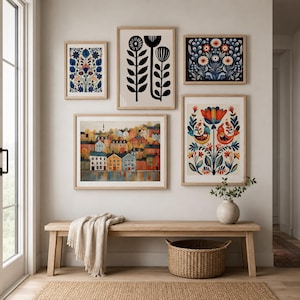 Scandinavian folk art print set of 5, floral bird and village gallery wall decor in framed entryway mockup
