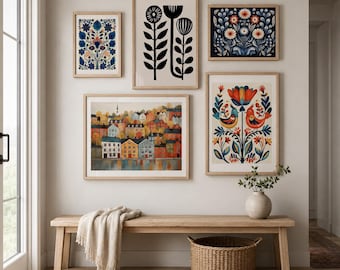 Art scandinave, art folklorique norvégien, imprimé oiseau floral, galerie d'art nordique, art du salon, décoration d'intérieur moderne, ensemble d'art de café, art scandinave