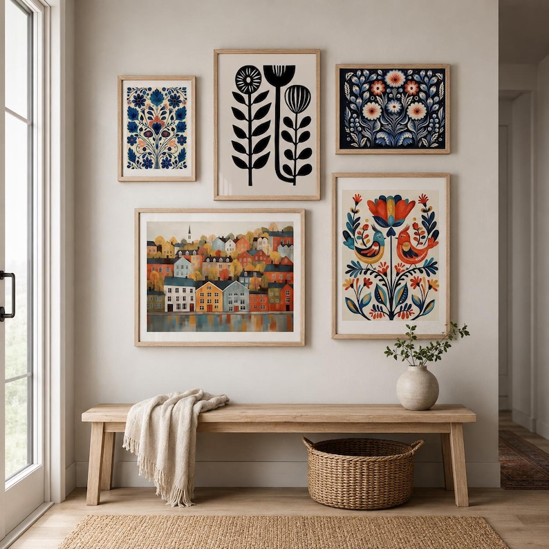 Scandinavian folk art print set of 5, floral bird and village gallery wall decor in framed entryway mockup