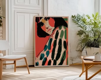 赤い抽象的な女性の絵画、モダンな赤い壁アート、ミニマリストの女性の