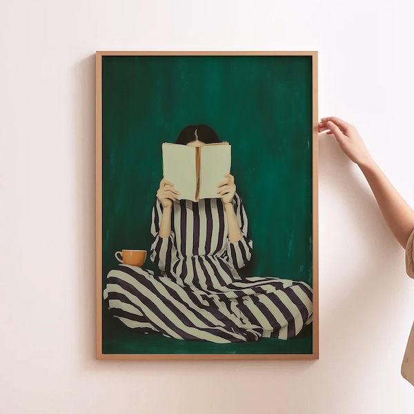 Emerald Green Wall Art Contemporary People Print Reading Corner Art Bookish Wall Decor Woman Reading Print Contemporary Reading Art
