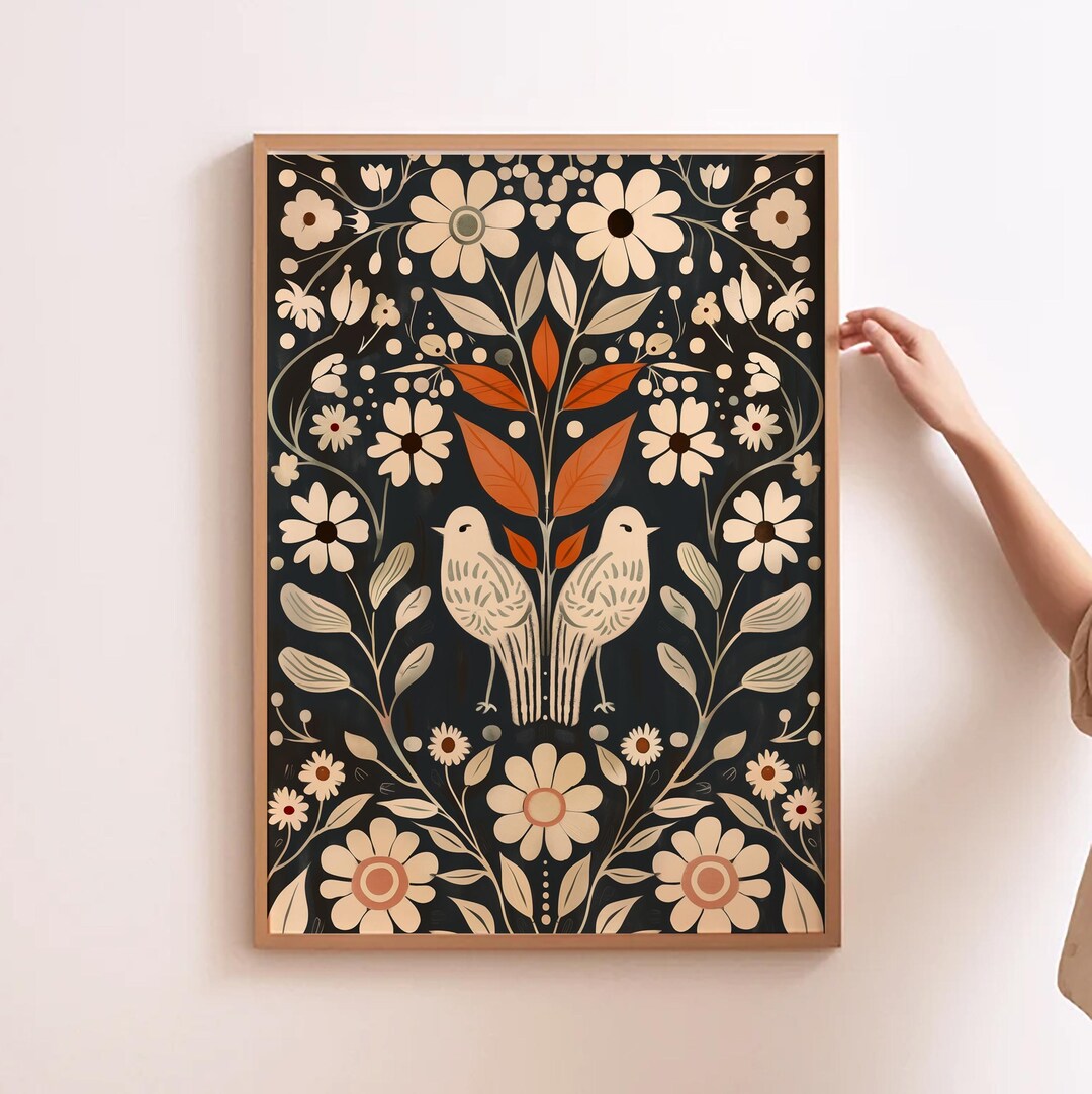 Scandinavian Art Norwegian Folk Art Floral Bird Print Nordic Wall Art ...