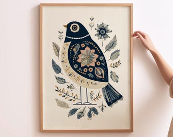 Polish Folk Art Bird Print Vintage Scandinavian Floral Bird Illustration Rustic Nature Wall Art Boho Cottagecore Home Decor Navy Kitchen Art