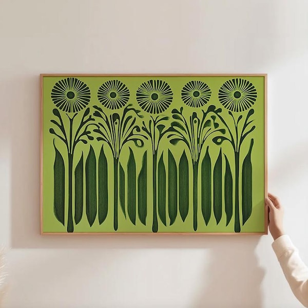 Stampe botaniche astratte con parete verde Arte floreale scandinava Stampa murale primaverile Arte popolare norvegese Stampa scandinava Decorazione murale verde brillante
