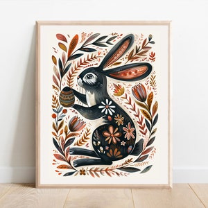 Konijn Folk Art Print Haas Natuur Illustratie Paashaas Print Pasen Wall Art Decor