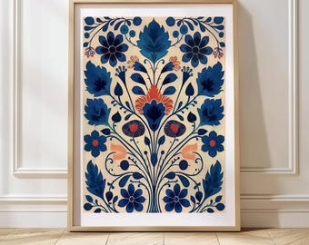 Scandinavian Folk Art Floral Scandi Print Nordic Wall Art Folk Living Room Art Modern Home Decor Kitchen Print Scandi Art Blue Wall Art