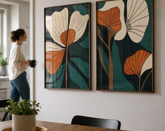 Abstract botanical art floral set of 2 modern flower wall art botanical bedroom print modern home decor mid century print retro wall art
