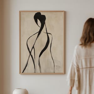 Abstrakte schwarze Linie Kunst, minimalistische weibliche Figur Druck, moderne Menschen Wandkunst, Mid Century Silhouette Poster, schwarz auf beige Wohnkultur