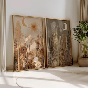Sun and moon art set of two mystical prints contemporary moon art boho celestial print modern bedroom art moon wall art cottage decor