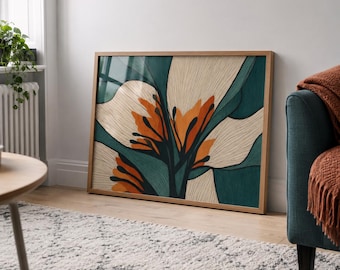 Abstract Floral Wall Art, Modern Botanical Print, Mid Century Flower Poster, Teal Green Orange Living Room Art