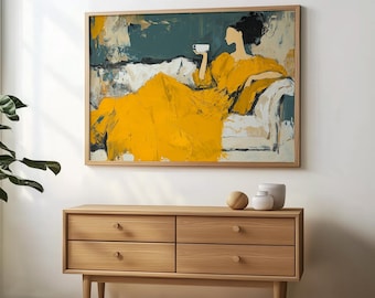 People wall art abstract people print contemporary minimalist painting coffee lover wall art mustard yellow art woman print espresso art