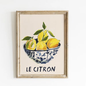 Arte de pared de cocina Pintura de limón Póster de cítricos Arte de Le Citron Arte de pared de limón Arte abstracto de frutero Póster abstracto de limón Póster de fruta francesa
