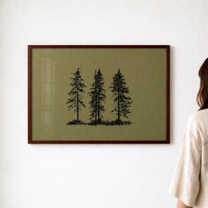 Pine tree wall art print, cabin decor, rustic forest poster, olive green nature art, hand drawn tree print, cottage wall decor