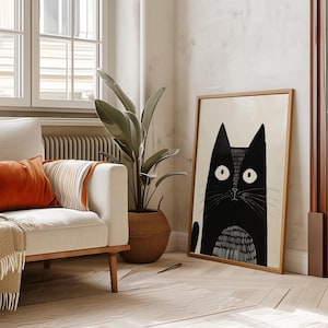 Modern Cat Art Black Cat Print Contemporary Cat Art Black Cat Wall Art Cat Lover Art Abstract Black Cat Art Funny Cat Print Monochrome Cat image 1