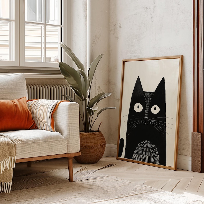 Modern Cat Art Black Cat Print Contemporary Cat Art Black Cat Wall Art Cat Lover Art Abstract Black Cat Art Funny Cat Print Monochrome Cat image 1