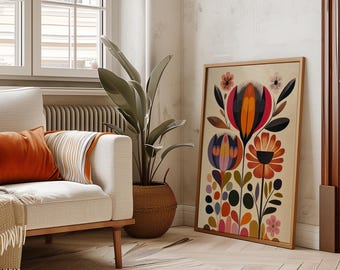 Scandinavian Floral Wall Art Colorful Botanical Poster Boho Flower Art Retro Mid Century Print Modern Home Decor Teal Flower Wall Art