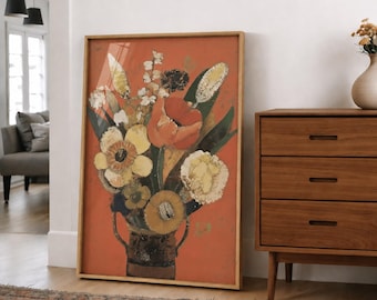 Arte floral en terracota, decoración botánica para pared, estampado en tonos naranjas.