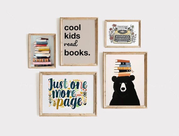 Book Lover Wall Art Set, Reading Prints for Kids Room, Library Decor, Cool Kids Read Books Poster, Just One More Page Quote Prints