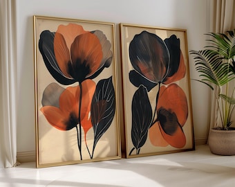 Abstract Botanical Art Floral Print Set of 2 Modern Floral Wall Art Botanical Bedroom Prints Modern Living Room Art Mid Century Home Decor