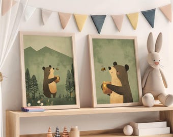 Woodland Bear Wall Art Bear With Honey Art Cute Bear Painting Kids Room Decor Honey Bee And Bear Woodland Kids Decor Woodland Nursery Art