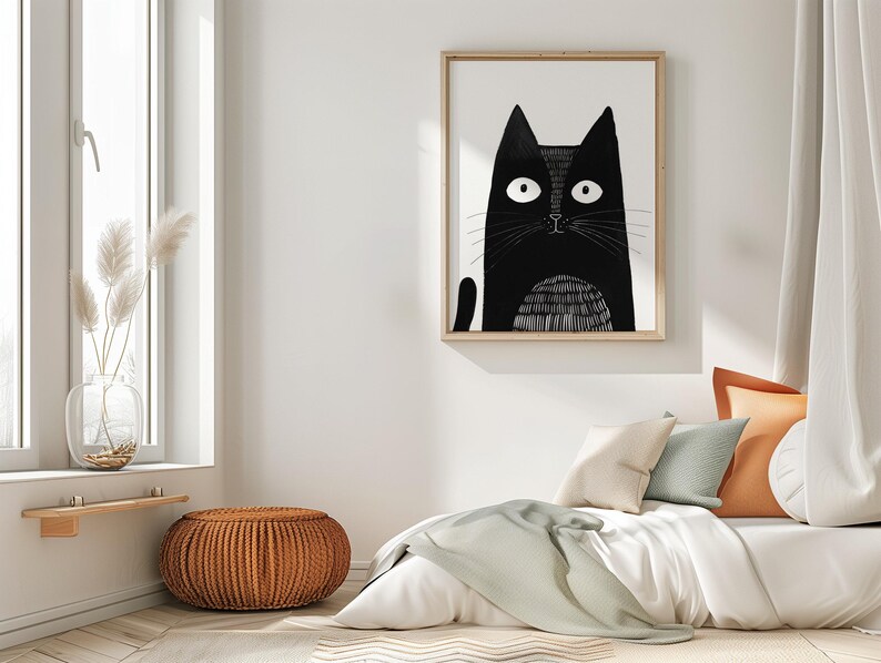 Modern Cat Art Black Cat Print Contemporary Cat Art Black Cat Wall Art Cat Lover Art Abstract Black Cat Art Funny Cat Print Monochrome Cat image 3