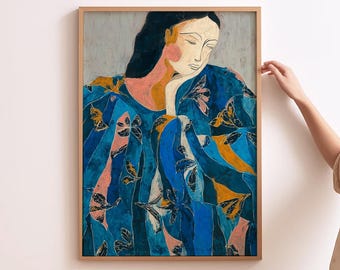 Blue Abstract Woman Wall Art Modern Female Portrait Abstract People Art Print Contemporary Figurative Painting Colorful Boho Home Decor