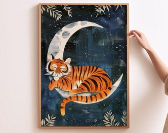 Tiger Nursery Art Tiger Print Jungle Animal illustration Tiger On The Moon Safari Prints Safari Kids Room Decor Tiger Poster Tiger Art