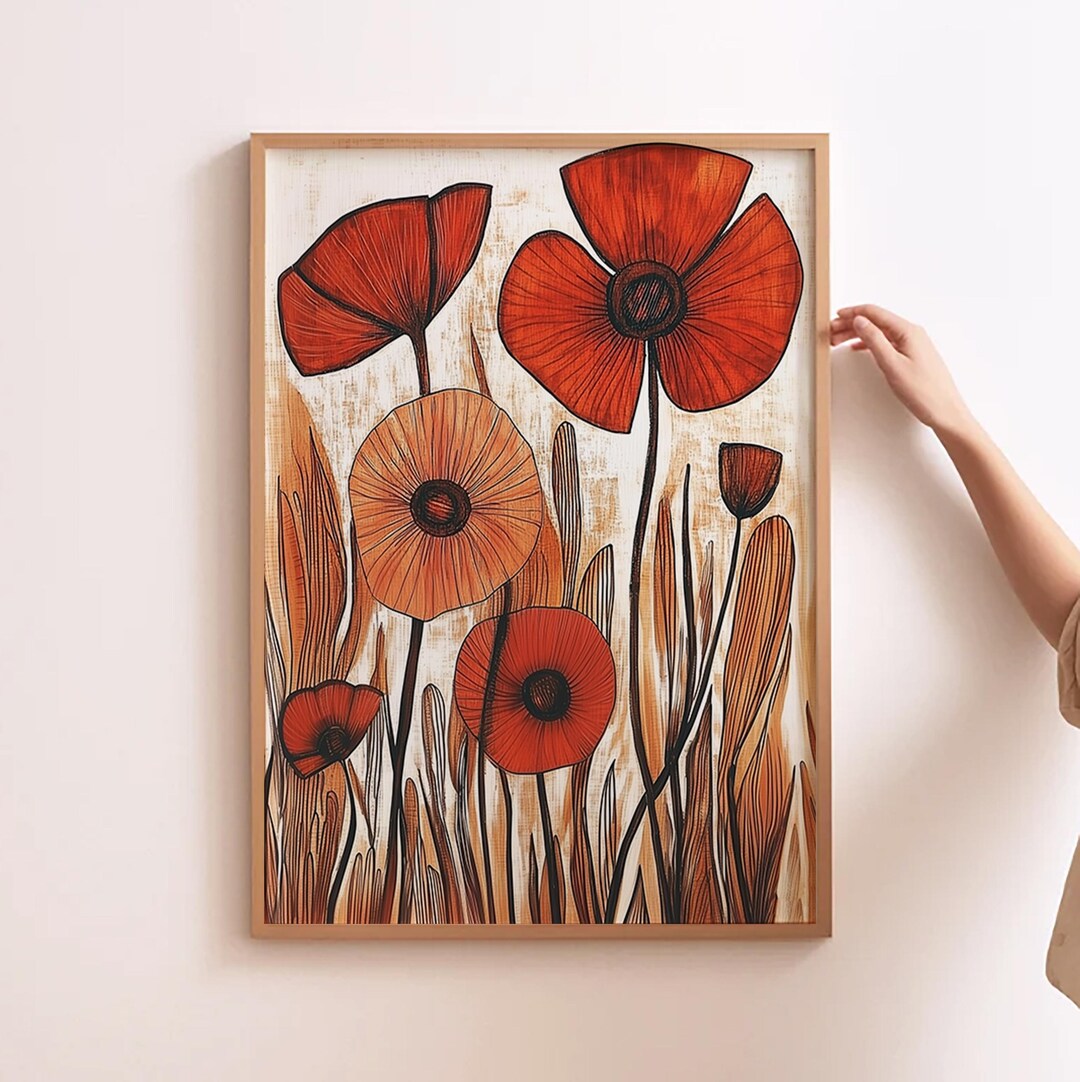 Curated visual reference: Modern Botanical Print Fabric For Walls Reference: Poppy Wall Art Modern Botanical Print Red Poppies Poster Big