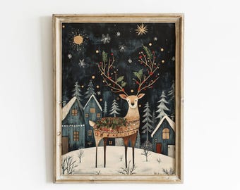 Cuadro navideño escandinavo con ciervos, arte mural imprimible, arte de ciervos, decoración tradicional noruega de invierno, impresiones escandinavas de invierno, decoración navideña