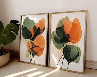 Abstract Botanical Art Floral Print Set of 2 Modern Floral Wall Art Botanical Bedroom Prints Modern Living Room Art Mid Century Home Decor