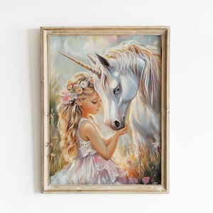 Girl Room Unicorn Print, Unicorn Art For Kids Magical Nursery Print Little Girl And Her Unicorn Friendship Art Pink Unicorn Painting