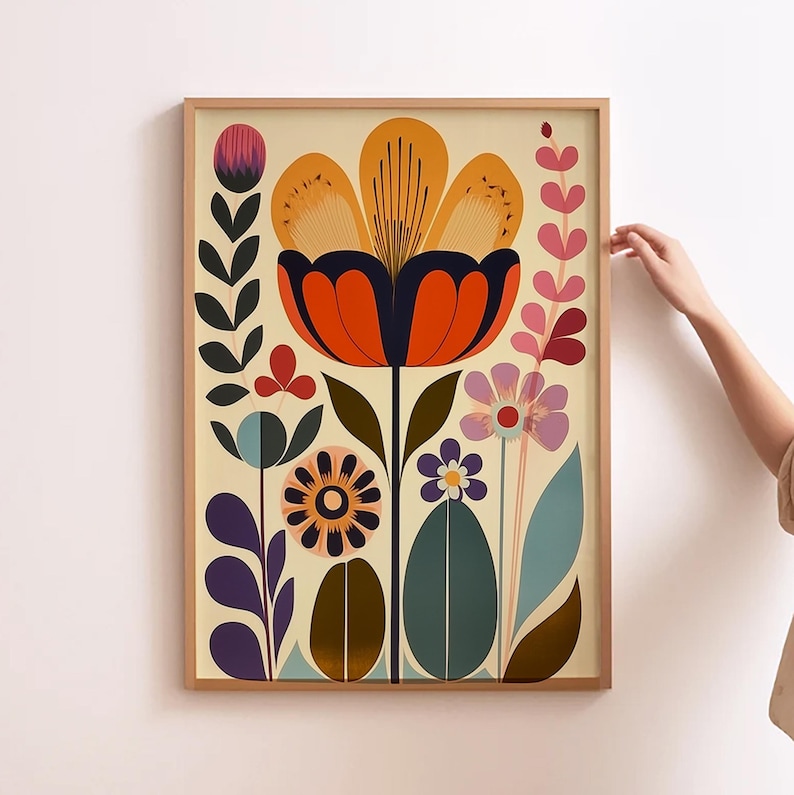 Ensemble de 3 affiches florales d'art populaire norvégien scandinave, style nordique, style bohème, pour décoration murale de salon. image 8