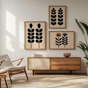 Minimalist Botanical Wall Art Set of 3 Prints, Scandinavian Plant Poster Bundle, Modern Mid Century Floral Print Set