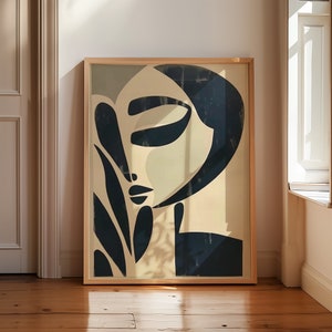 Póster de arte abstracto, impresión artística de rostro de mujer, beige y negro, inspirado en Matisse, decoración de arte minimalista, tapiz moderno, decoración contemporánea
