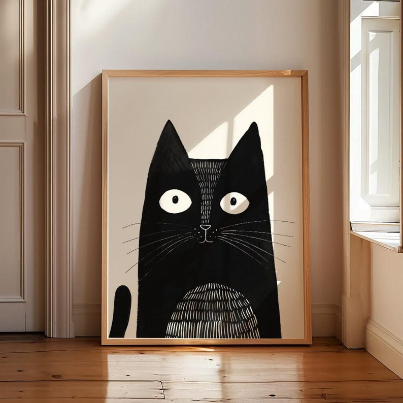 Modern Cat Art Black Cat Print Contemporary Cat Art Black Cat Wall Art Cat Lover Art Abstract Black Cat Art Funny Cat Print Monochrome Cat image 2