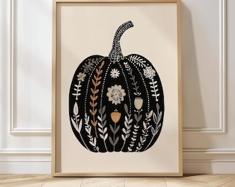 Art de citrouille d'automne, impression florale de récolte d'automne, décoration d'automne de ferme rustique, affiche botanique d'Halloween vintage, art minimal d'automne