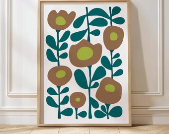 Arte murale floreale moderna di metà secolo, minimalista, marrone e verde, poster botanico, illustrazione astratta di fiori scandinavi, estetica della casa boho.