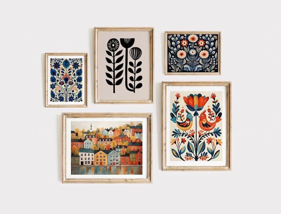 Scandinavian Art Norwegian Folk Art Floral Bird Print Nordic Art Gallery Living Room Art Modern Home Decor, Cafe Art Set Scandi Art