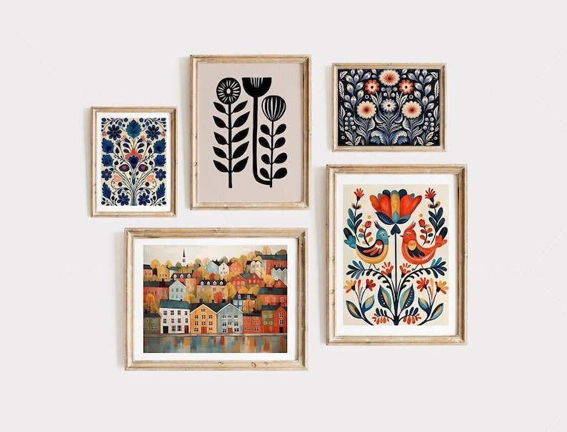 NordicArt Set Of 5 Scandinavian prints, one image is of a city, another is of birds and 3 are of floral patterns