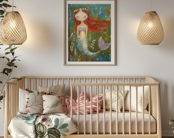 Mermaid Nursery Wall Art Girl Bedroom Print Mermaid Print Boho Nursery Decor Mermaid Art For Girl Room Mermaid Nursery Art Mermaid Painting
