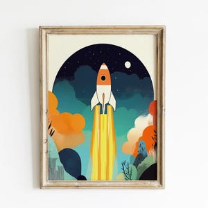 Arte espacial para niños, cohete, habitación infantil, impresión, arte de pared para dormitorio de niño, arte de habitación con temática de aventuras, póster planetario para niños, impresiones artísticas para habitación de niños